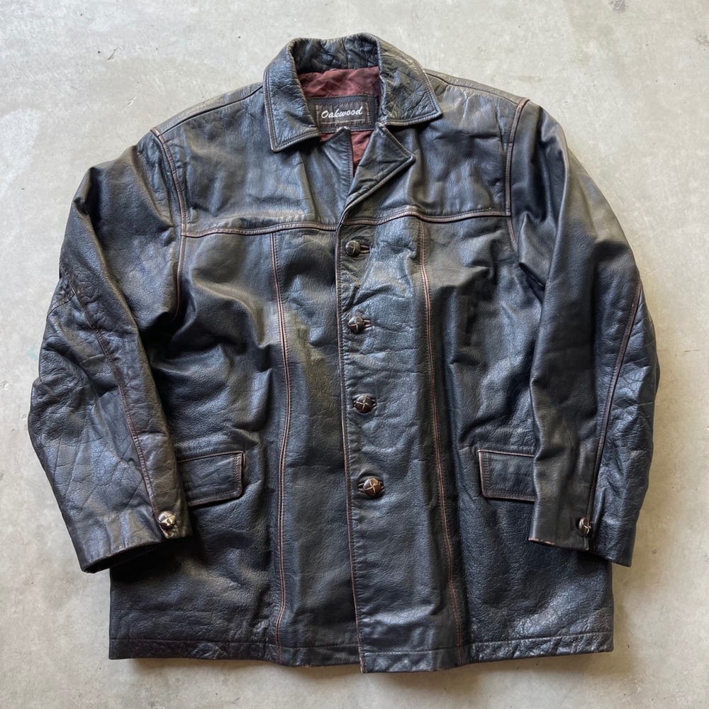 Oakwood Classic Mens XL Brown Leather Jacket Button Front Quilted Lined Car Coat